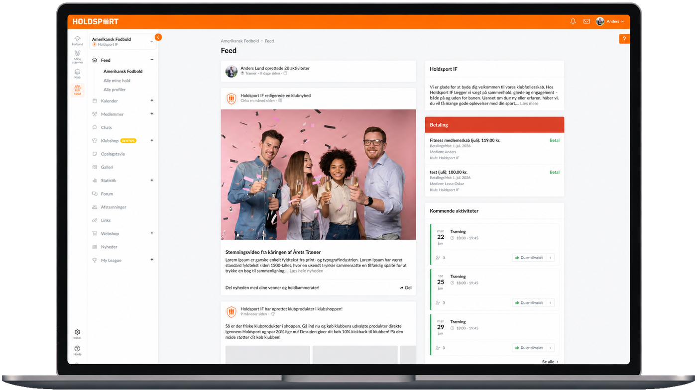 Holdets feed i Holdsport på computeren med opslag og kommende aktiviteter