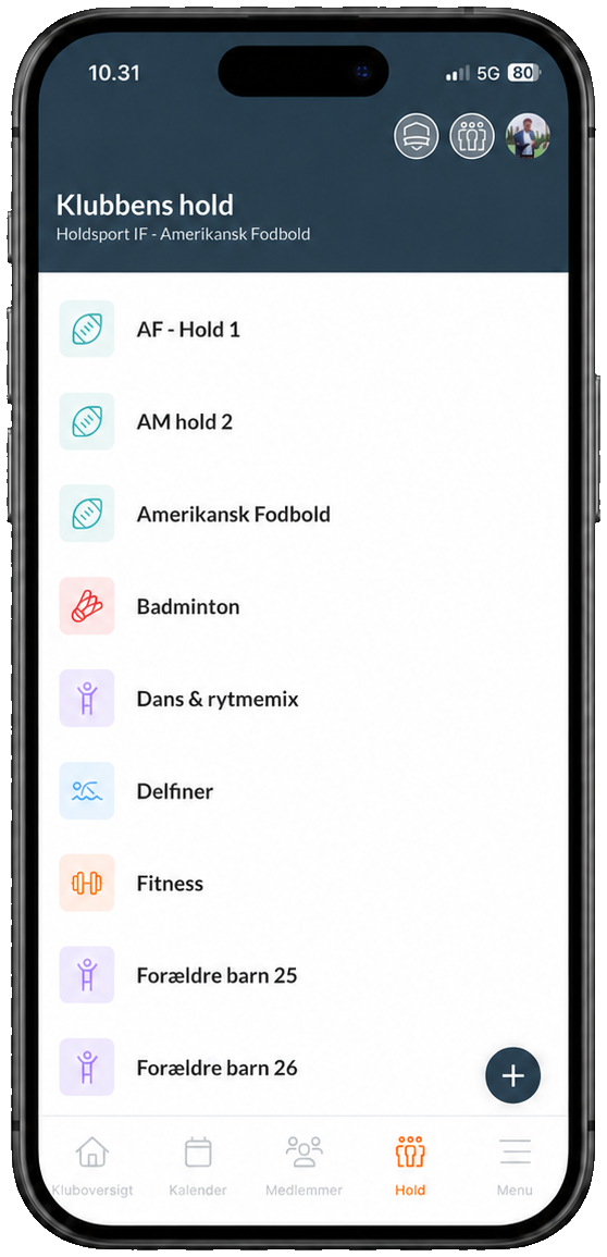 Klubbens hold i Holdsport-appen – hvert hold har sin egen chat