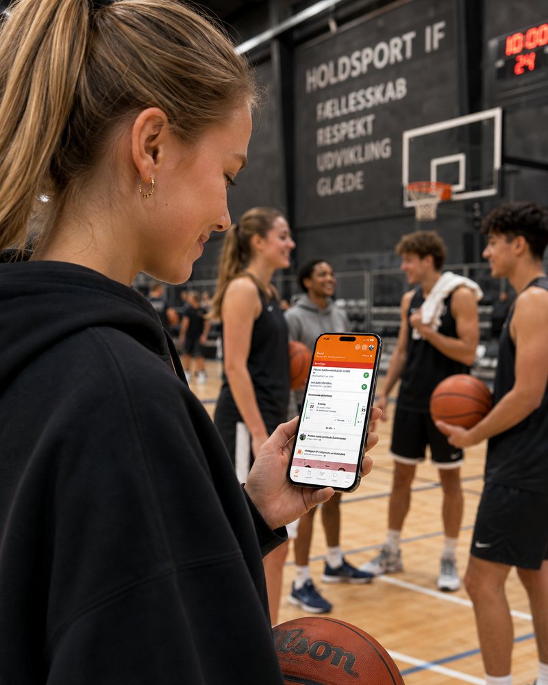Spiller i hallen læser holdets opslag i Holdsport-appen